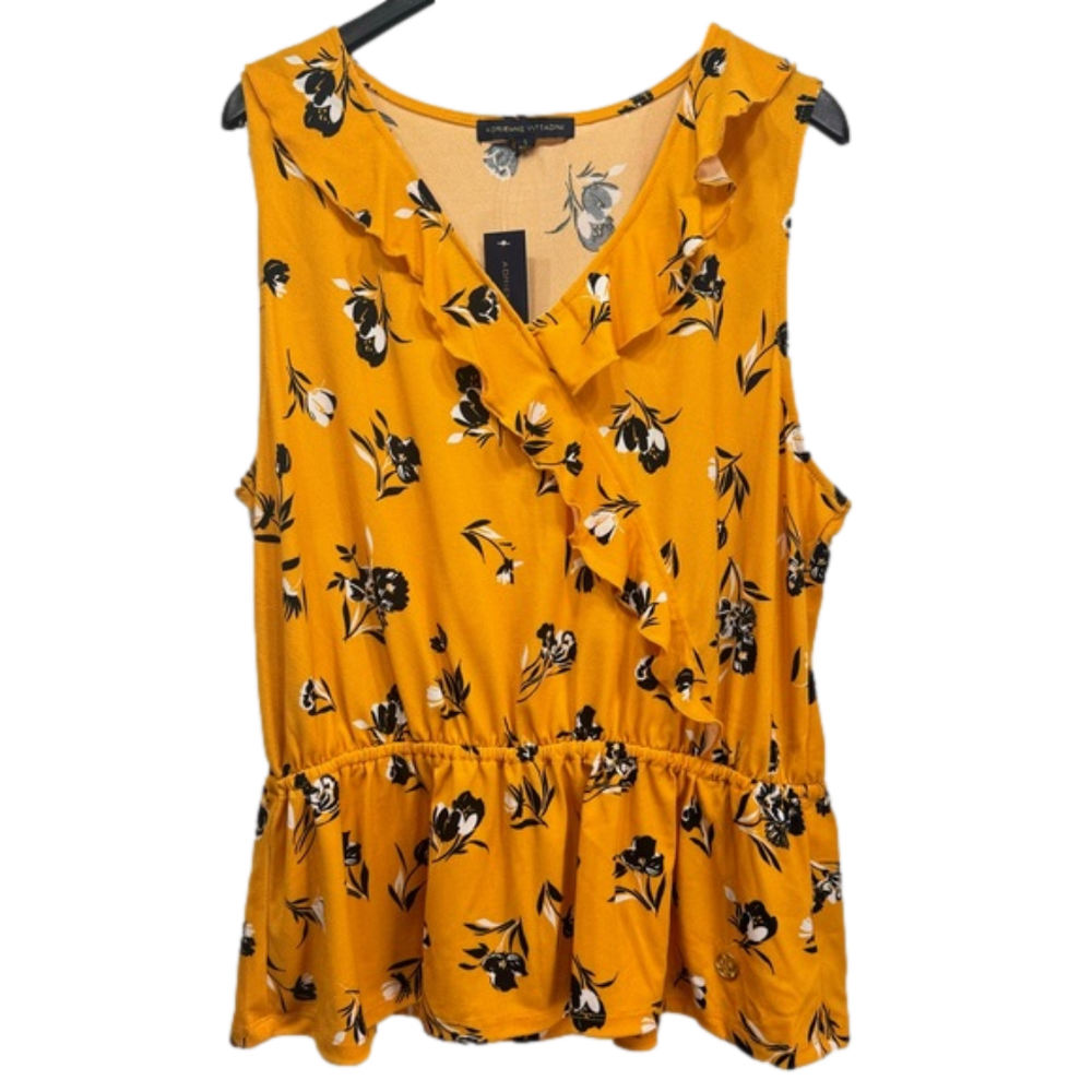 NEW Adrienne Vittadini Yellow with Black & White Floral Sleeveless Ruffle Top